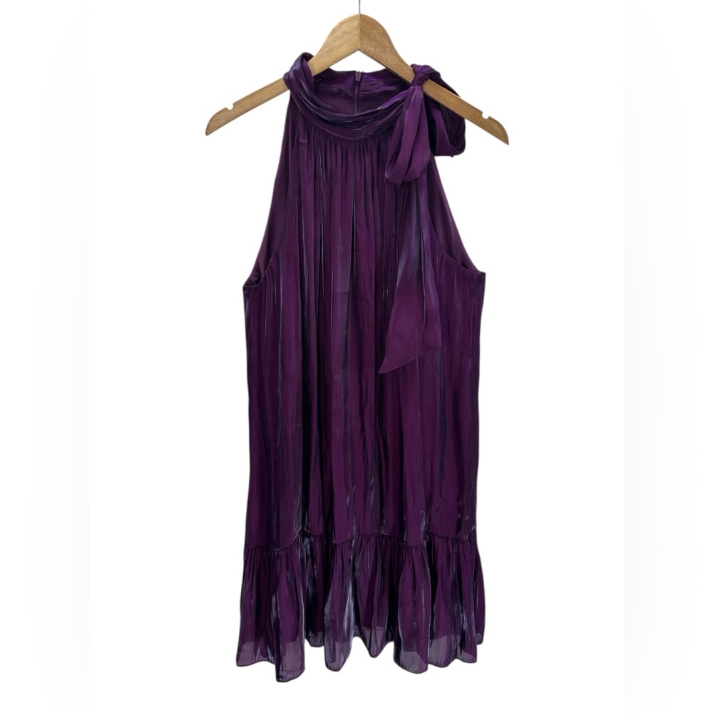 Anne Klein Iridescent Tiered Shift Dress Bow Tie Neck Party Cocktail Purple Bloo - Picture 4 of 15